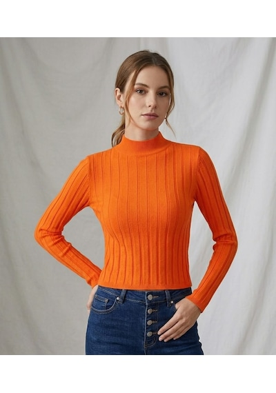 Stormwear Kadın Fitilli Balıkçı Yaka Yumuşak Dokulu Esnek Triko Kazak Body Akrilik Turuncu