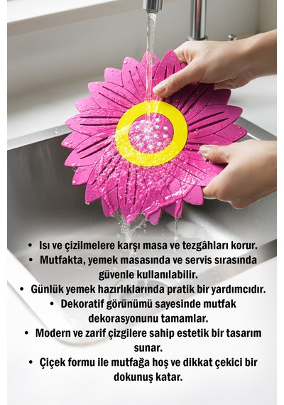 Ayçiçeği Model Kaymaz Silikon Nihale Tencere, Tava, Çaydanlık Ve Servis Altlığı 18,5 X 18,5 Cm Pembe