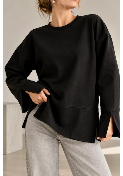 Bb Butik Basic Oversize Yırtmaç Detaylı Bisiklet Yaka Sweatshirt Zg3535 siyah