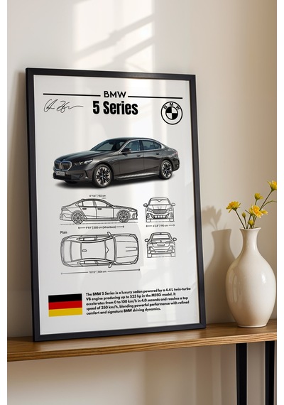 Bmw 5 Serisi Tablo - Teknik Özellikli Alman Lüks Sedan Poster - Çerçeveli Duvar Dekoru - Blueprint Siyah