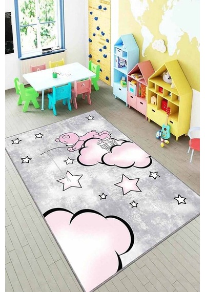 Pembe Kaymaz Tabanlı Yıkanabilir Ayıcıklı Çocuk Halısı Kd023n11