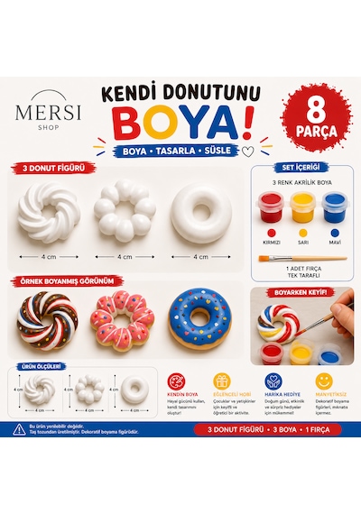 Ü Donut Taş Tozu Boyama Seti 3 Renk Akrilik Boya Ve Fırçalı Çocuk Hobi Aktivite Seti