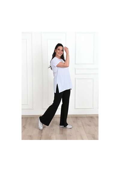 Kadın Bisiklet Yaka Yırtmaç Detaylı Büyük Beden Tshirt 9633-22 001