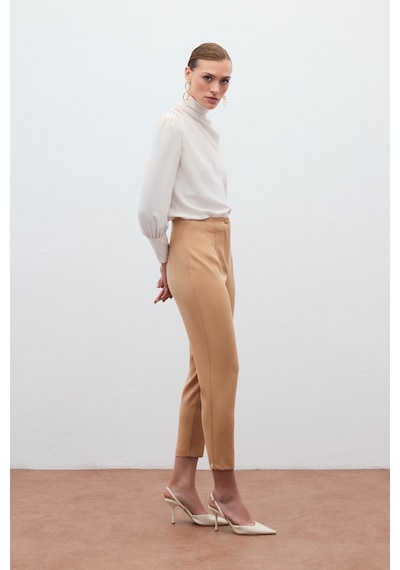 Sateen Yüksek Bel Pantolon - Camel-131563 Camel