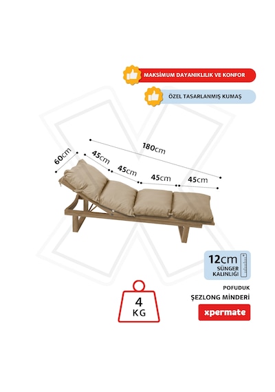 Xpermate Pofuduk Şezlong Minderi 60x180x12cm Su İtici, Bej