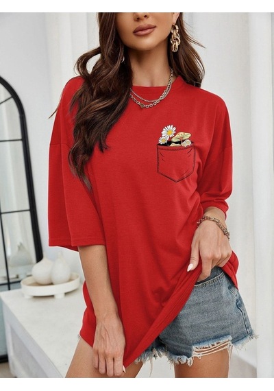 Cep Detay Baskılı T-shirt - Kırmızı Oversize Bisiklet Yaka Kısa Kol Kirmizi