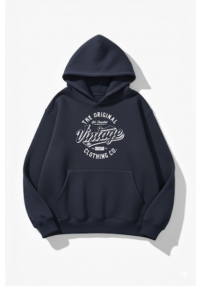Uyguntarz Unisex Yumuşak Dokulu Vintage Baskılı Tasarım Oversize 3 İplik Hoodie Sweatshirt Indigo