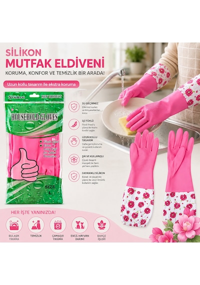10 Adet Su Geçirmez - Uzun Kollu L Çiçek Desen Silikon Eldiven Mutfak - Banyo 5286