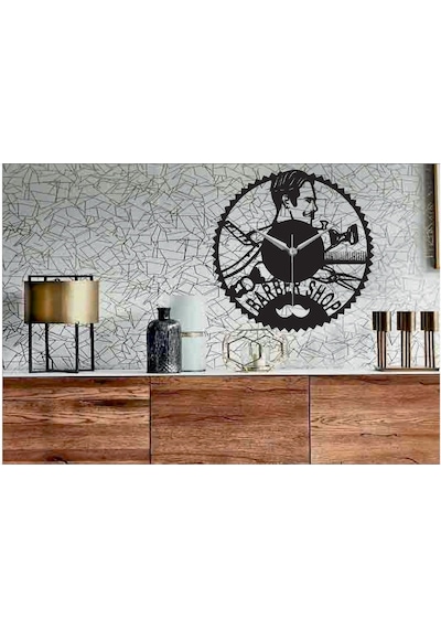 Barber Shop 3 Temalı Dekoratif Ahşap Duvar Saati Ahşap