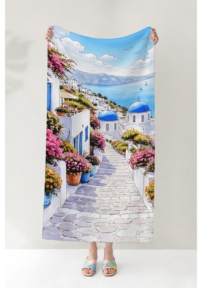 Santorini Manzaralı Akdeniz Plaj Havlusu-bohem Mavi Beyaz Havuz Deniz Hızlı Kuruyan Mikrofiber Havlu Sedef Tozu