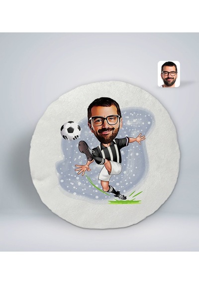 Bk Gift Kişiye Özel Erkek Siyah Beyaz Futbolcu Karikatürlü Yuvarlak Araç Koltuk Yastığı-1