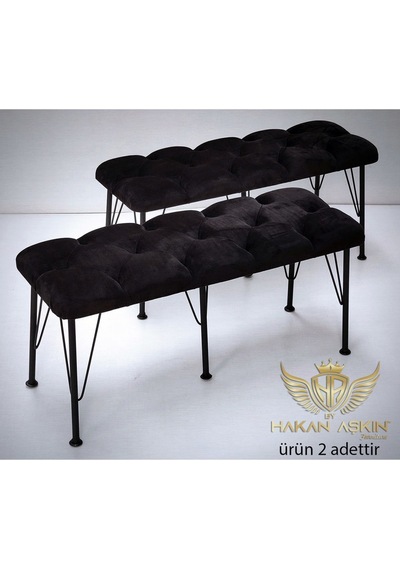 By Hakan Aşkın Metal Ayaklı Babyface Puf & Bench Ikili 2024 Siyah Baby Face Kumaş