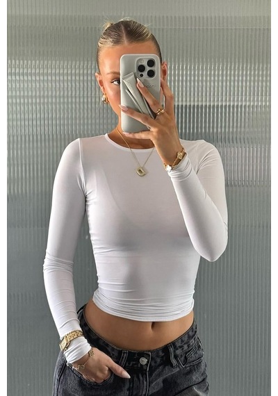 Seeh Beyaz Bisiklet Yaka Basic Uzun Kollu Body Sh142