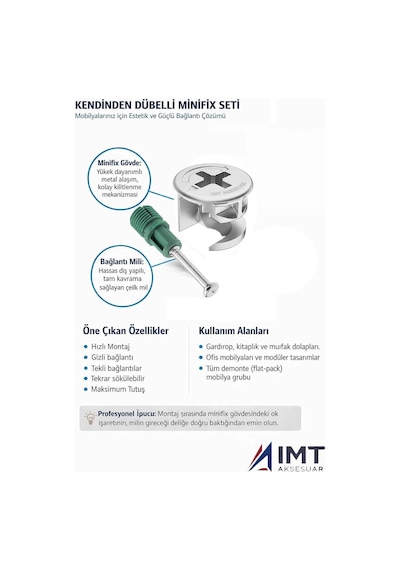 İmt Aksesuar 10 Mm Kendinden Dübelli Minifix Gövde Ve Mil Seti - Mobilya Bağlantı Elemanı 100 Parça Metalik Çok Renkli