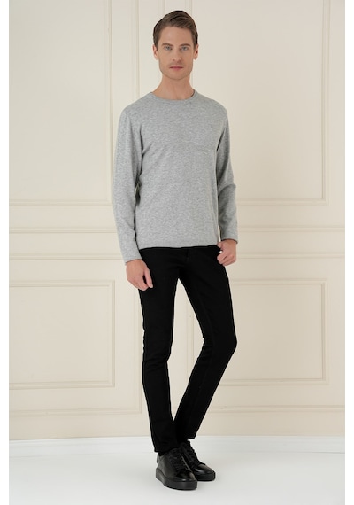 Slim Fit Ribanalı Düz Gri Yünlü Bisiklet Yaka Triko Kazak Tr 900