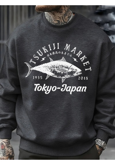 Startmore Startmoretsukiji Market Tokyo-japonya Baskı Kazak Erkek Modası Rahat Kazaklar Sonbahar Günlük Spor Giy Antrasit