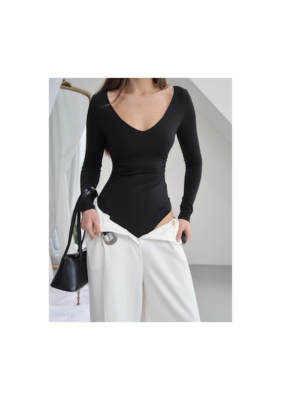 Paw Garage Kadın V Yaka Polyamid Bodysuit Sıyah
