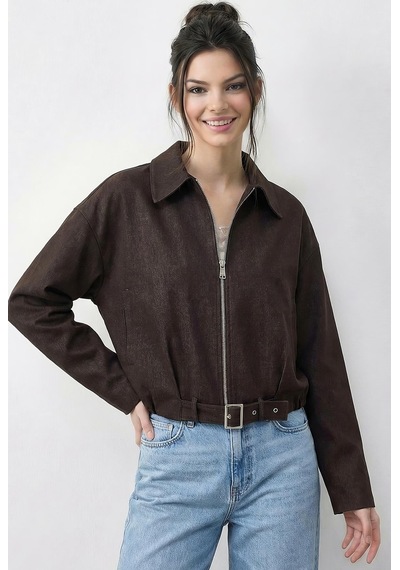 Shade Kadın Oversize Kemer Detaylı Fermuarlı Astarlı Denim Bomber Ceket 2917 60286040 - Kahverengi