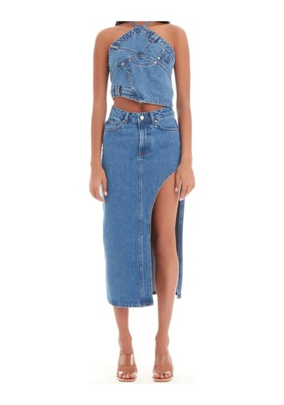 Pass&Pass 2094 Kadın Likrasız Yandan Yırtmaçlı Jeans Kot Denim Etek Mavi