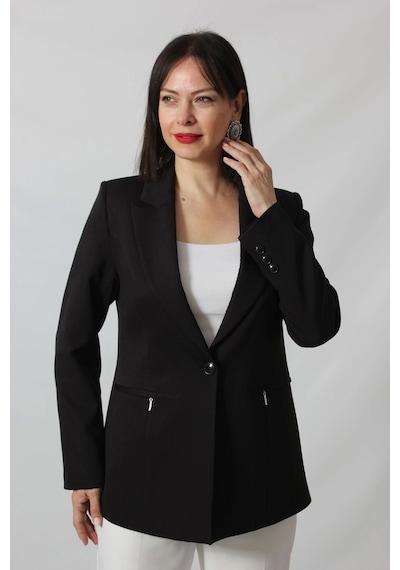 Moda Berray 1904 Siyah Fermuarlı Cep Aksesuarlı Kadın Büyük Beden Blazer Ceket Siyah