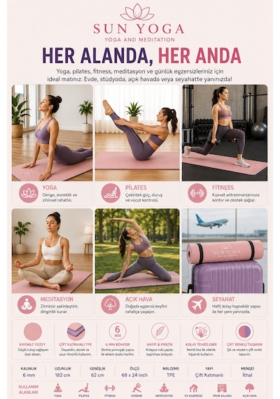 6 Mm Tpe Yoga Matı Kaymaz Çift Renkli Pilates Fitness Minderi Pembe