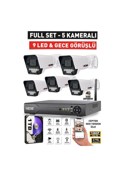 5 Kameralı Gece Görüşlü 5mp Lensli Fullhd Gece Görüşlü 9 Led Kamerası Seti - 1tb