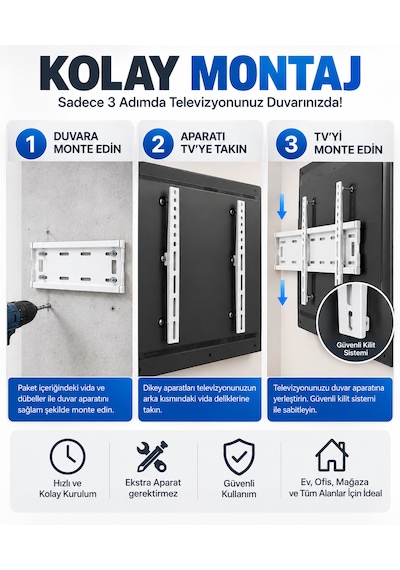 Beyaz Tv Duvar Askı Aparatı 40 75 İnç Led Lcd Qled Smart Tv Uyumlu Sabit Duvar Montaj Aparatı