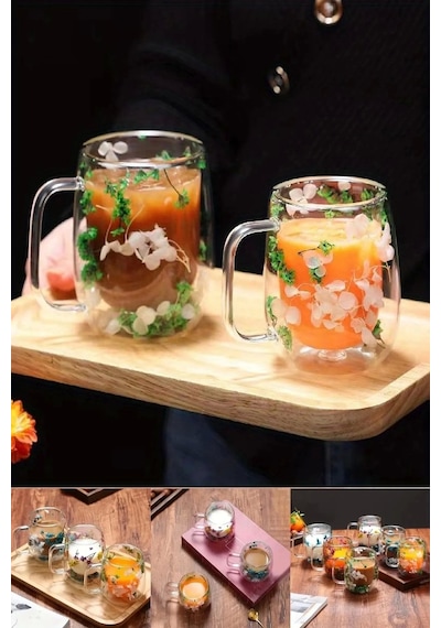2 Li Çiçekli Flower Cup Bardak Çift Cidarlı 350 Ml El Yapımı Borosilikat Kulplu Kahve Sunum Bardağı Çiçekli