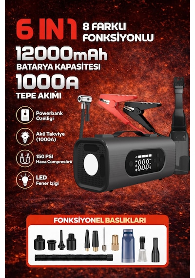 6in1 Akü Takviye Hava Kompresörü Süpürge 12000mah 1000a 150psı Powerbank Led