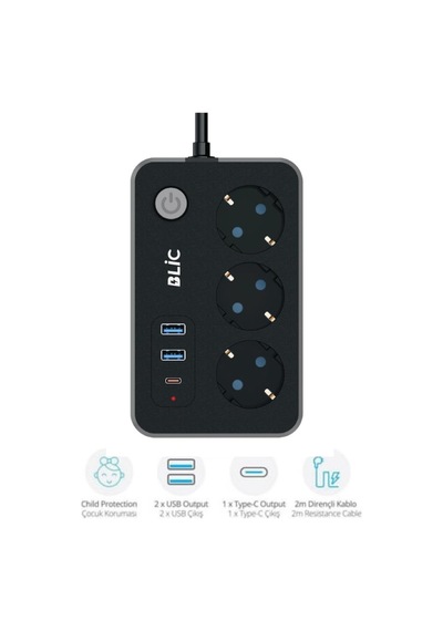 Akım Korumalı Priz, 3x Priz Soketi, 2x Usb Girişi, 1x Type-c Giri