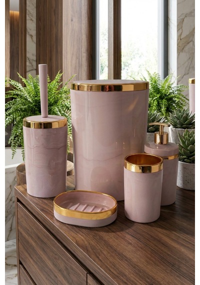Makri Home 5 Parça Akrilik Banyo Seti, Şık Ve Kaliteli Akrilik, Altın Renk Detaylı, Somon Mermer Desen Somon