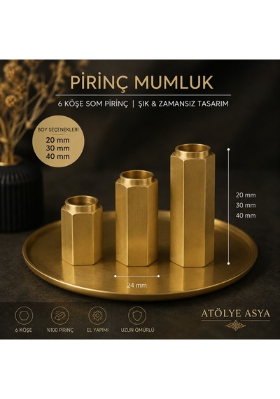 Atölye Asya 6 Köşe Som Pirinç Mumluk 20/30/40 Mm 24 Mm Genişlik Dekoratif Mumluk Gold