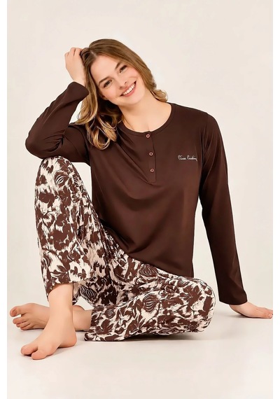 Pierre Cardin Pamuklu Uzun Kollu Kadın Pijama Takımı Kahverengi