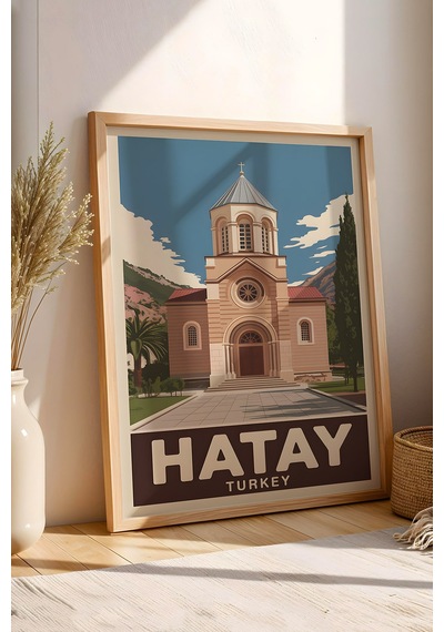 Hatay Tablo - Retro Travel Poster - Türkiye Şehir Serisi Duvar Dekoru - Çerçeve Şehir İllüstrasyonu Kayın