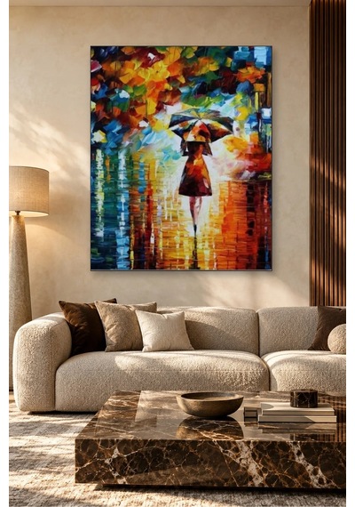 Fida Yağmurda Şemsiyeli Kadın Spatula Yağlı Boya Canvas Tablo Çok Renkli