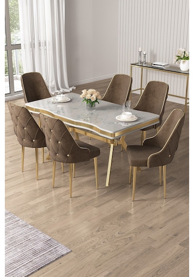 Canisa Vae Serisi 90x160 Lak Panel Beyaz Mermer Desen Gold Ayak Masa Takımı 6 Kahve Sandalye Beyaz Mermer Desen Masa Sandalyeler Kahve Canisa Vae Serisi 90x160 Lak Panel Beyaz Mermer Desen Gold Ayak Masa Takımı 6 Kahve Sandalye Beyaz Mermer Desen Masa Sandalyeler Kahve