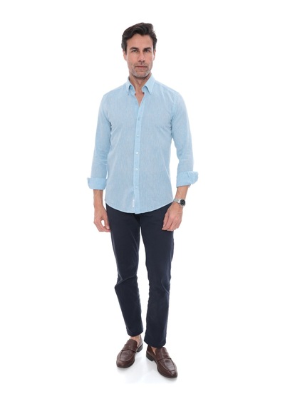 Slim Fit Uzun Kol Yaka Düğmeli Nefes Alan Keten Hediye Kutulu Erkek Gömlek Fs-004548 - Turkuaz-3230