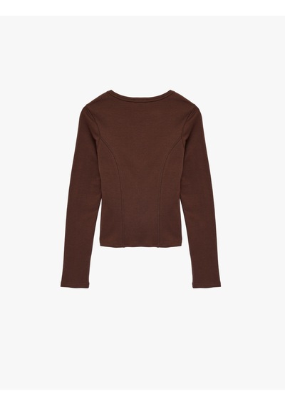 Koton Pamuklu Slim Fit Uzun Kollu Dikiş Detaylı Bisiklet Yaka Tişört Kahverengi 6sak50008pk Kahve