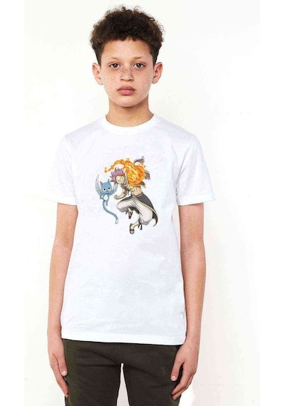 Tshirthane Anime Tail Natsu & Happy Baskılı Unisex Çocuk Beyaz T-Shirt