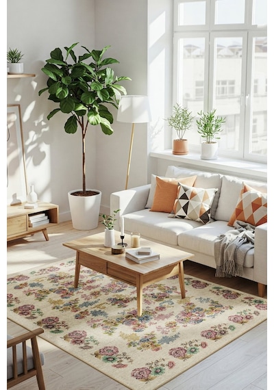 Artloop Florart Krem / Çok Renkli Vintage Dokulu Doğa Temalı Çiçekli Dokuma Tabanlı Şönil Halı Al 489