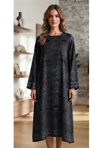 Stormwear Kadın Etnik Desenli Uzun Kollu Midi Elbise Siyah