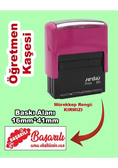 Öğretmen Motivasyon Kaşesi - Başarılı, 911 16mm 41mm Kırmızı Keçeli Otomatik Kaşe