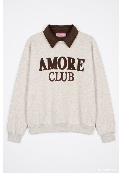 Quzu Polo Yaka Amore Nakışlı Oversize Sweatshirt Bejmelanj Bej - Kahverengi