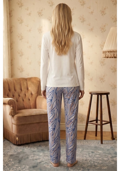 Siyah İnci Ekru Desenli V Yaka Nakışlı Viskon Örme Pijama Takım 26224622