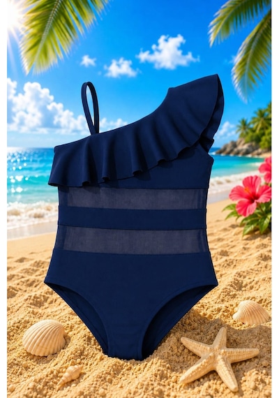 My Kids Wear Kız Çocuk Fırfır Ve Tül Detaylı Tek Parça Mayo. 12838 Lacivert