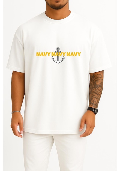 Bahriyeli Collection Oversize Chest Trio Navy Anchor Göğüs Ve Sırt Baskılı Unisex T-shirt Beyaz