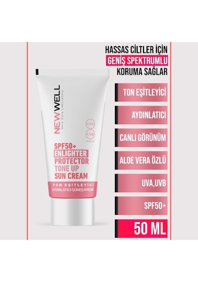 New Well Ton Eşitleyici Yüksek Koruma Etkili Spf50+ Aydınlatıcı Pembe Yüz Güneş Kremi 50ml