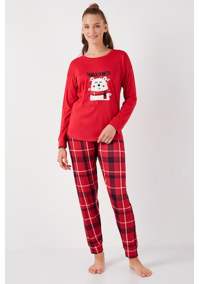 Lela Streç Standart Fit Bisiklet Yaka Desenli Bayan Pijama Takımı 6095700 Kırmızı