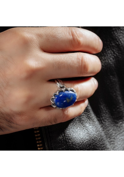 925 Ayar Gümüş Oval Doğal Lapis Lazuli Taşlı Erkek Yüzük