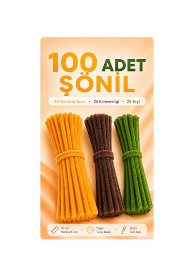 100 Adet Şönil Tel 30 Cm Koyu Sarı Kahverengi Yeşil Tüylü Hobi Teli El İşi Ve Dıy Çiçek Yapımı